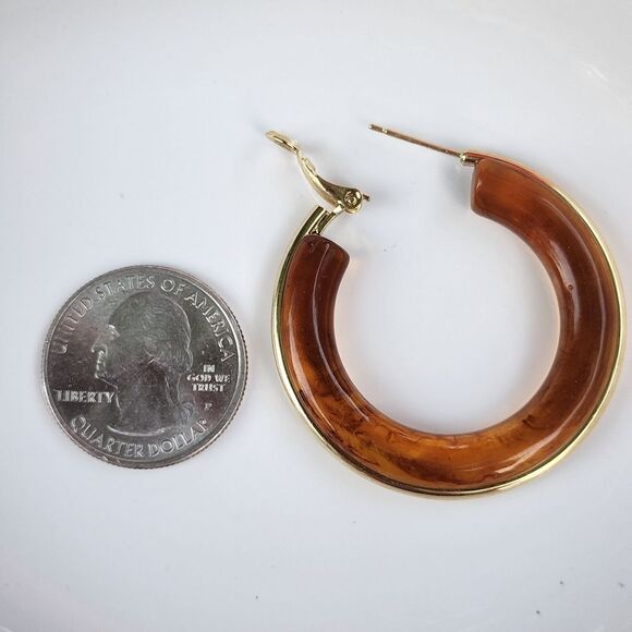 Butterscotch Resin Hoop Earring With Gold Plated Outline 1.64in - Picture 5 of 14